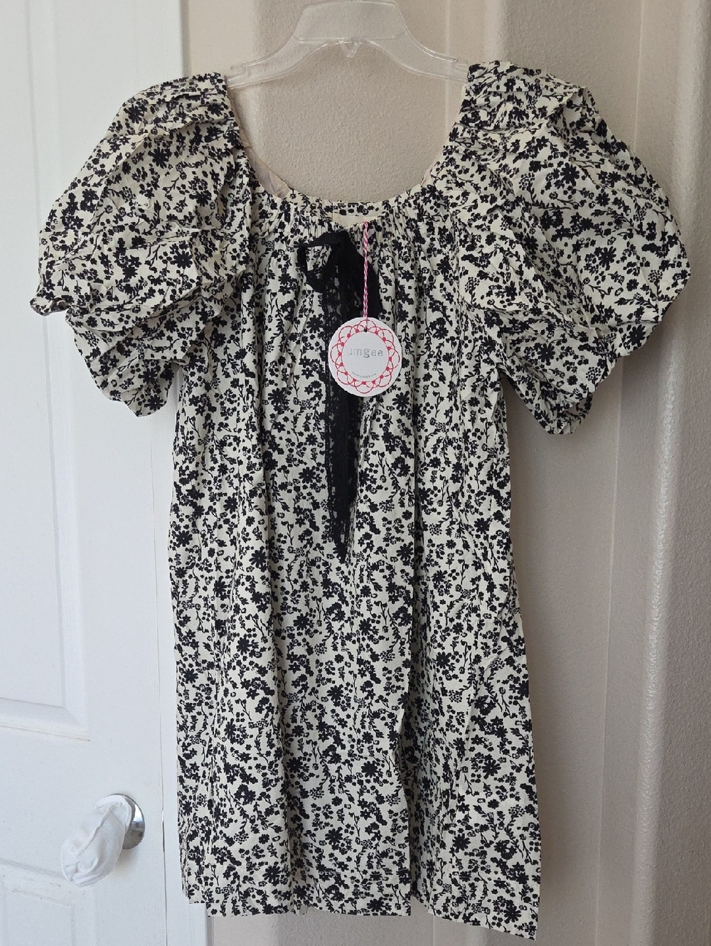 NWT Umgee Adorable Puff Sleeve Lace Bow Floral Print Dress Size S